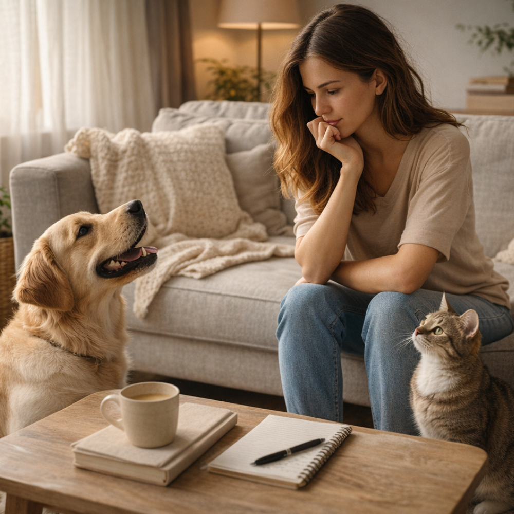 Woman sitting thoughtfully at home with a dog nearby, considering which pet is right for her life