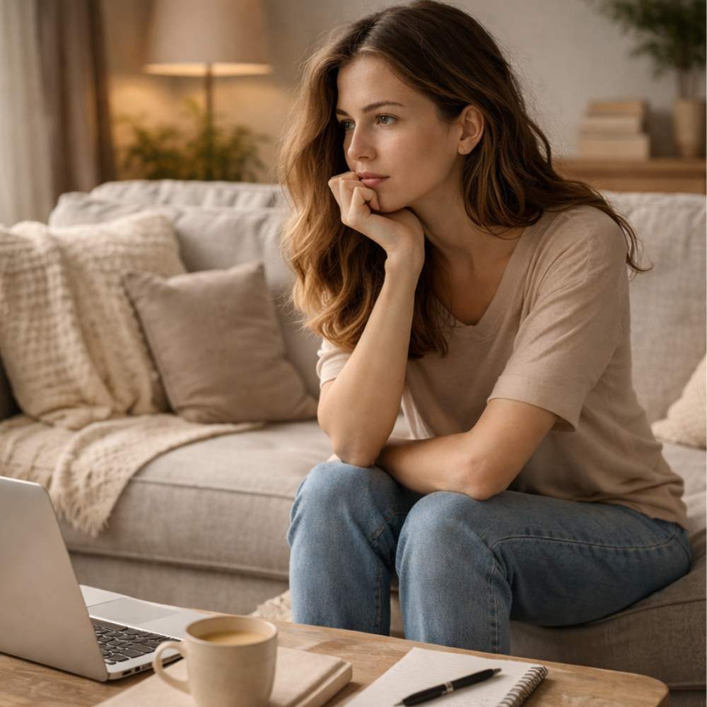 Woman sitting on a sofa thinking about getting a pet, reflecting on the quiet desire for animal companionship