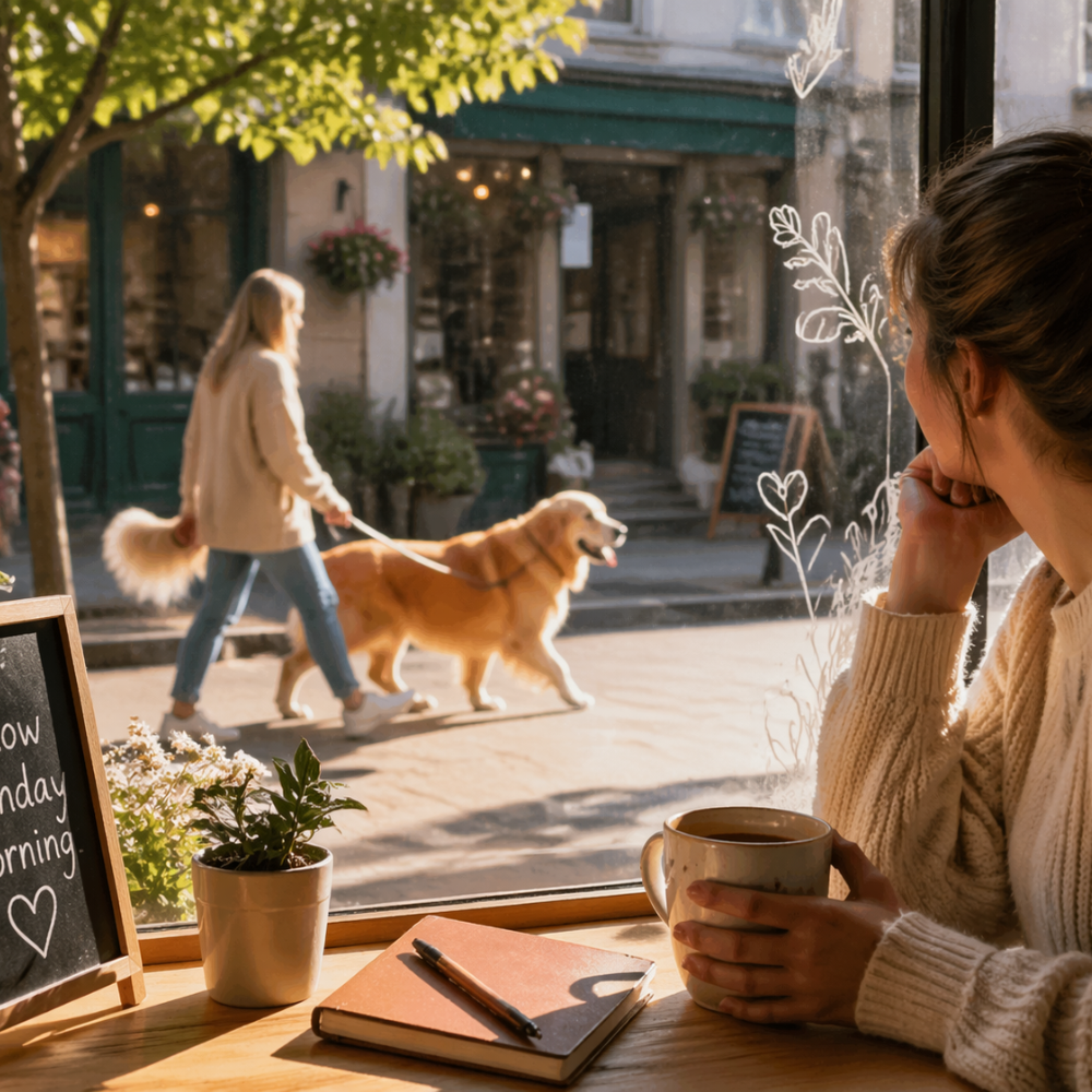woman sitting in a cozy café watching a golden retriever walking outside on a sunny street
