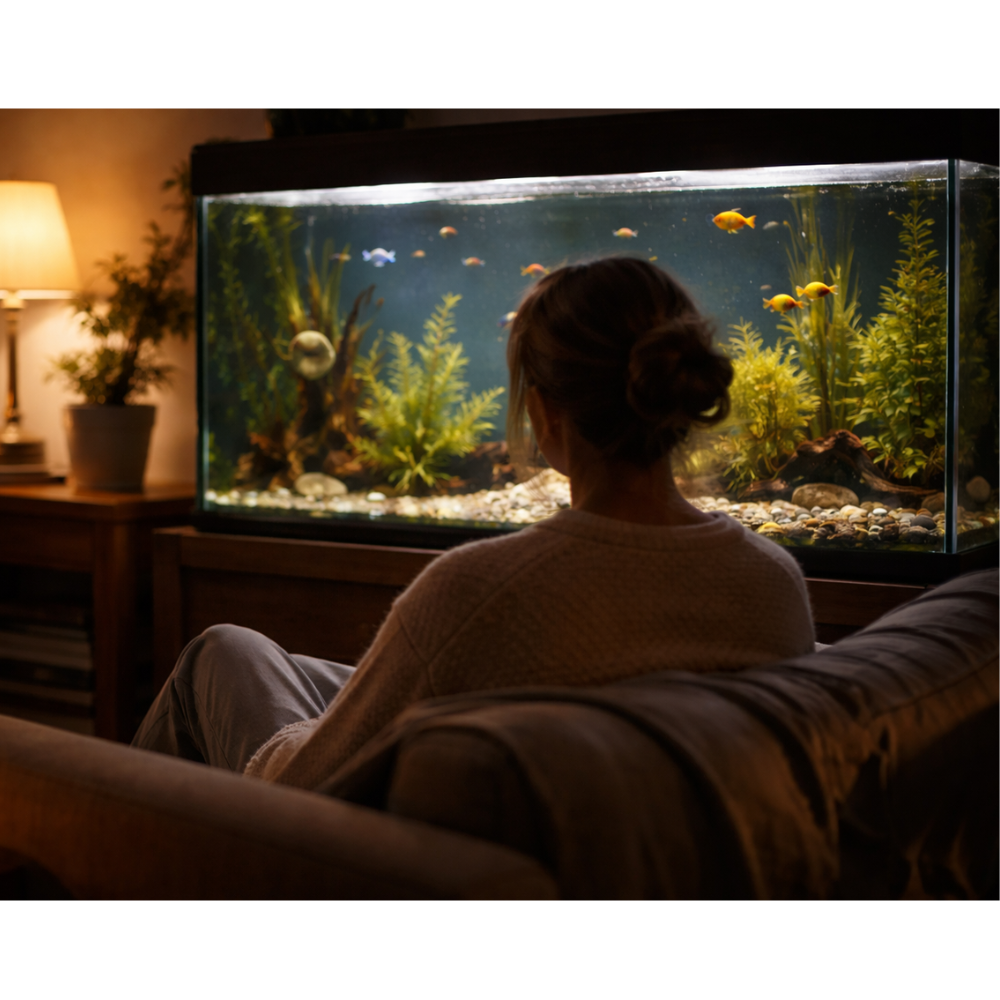 Person sitting quietly watching an aquarium, reflecting on whether fish are the right pet