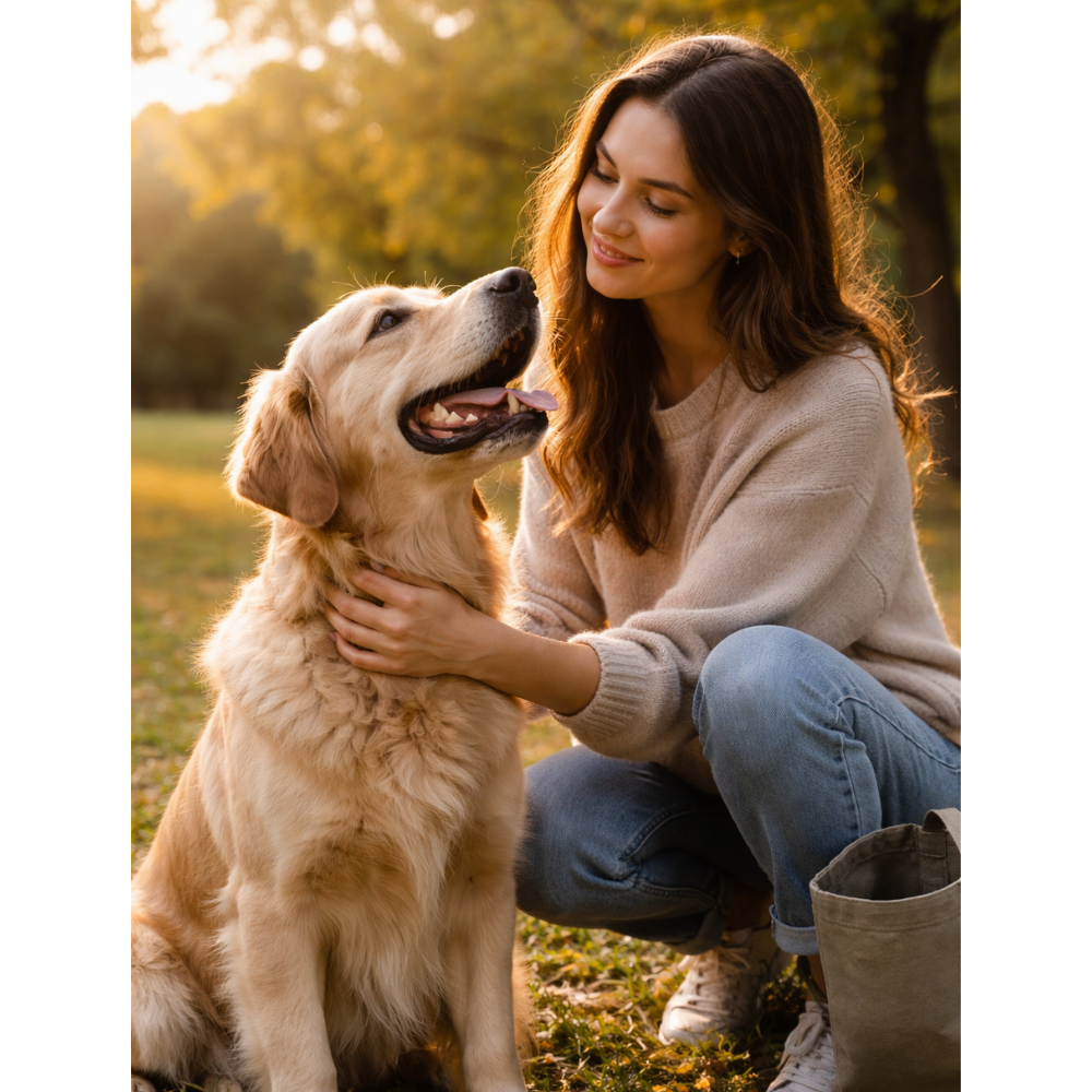 Woman sitting outdoors with a golden retriever, reflecting on whether a dog is the right pet for her lifestyle