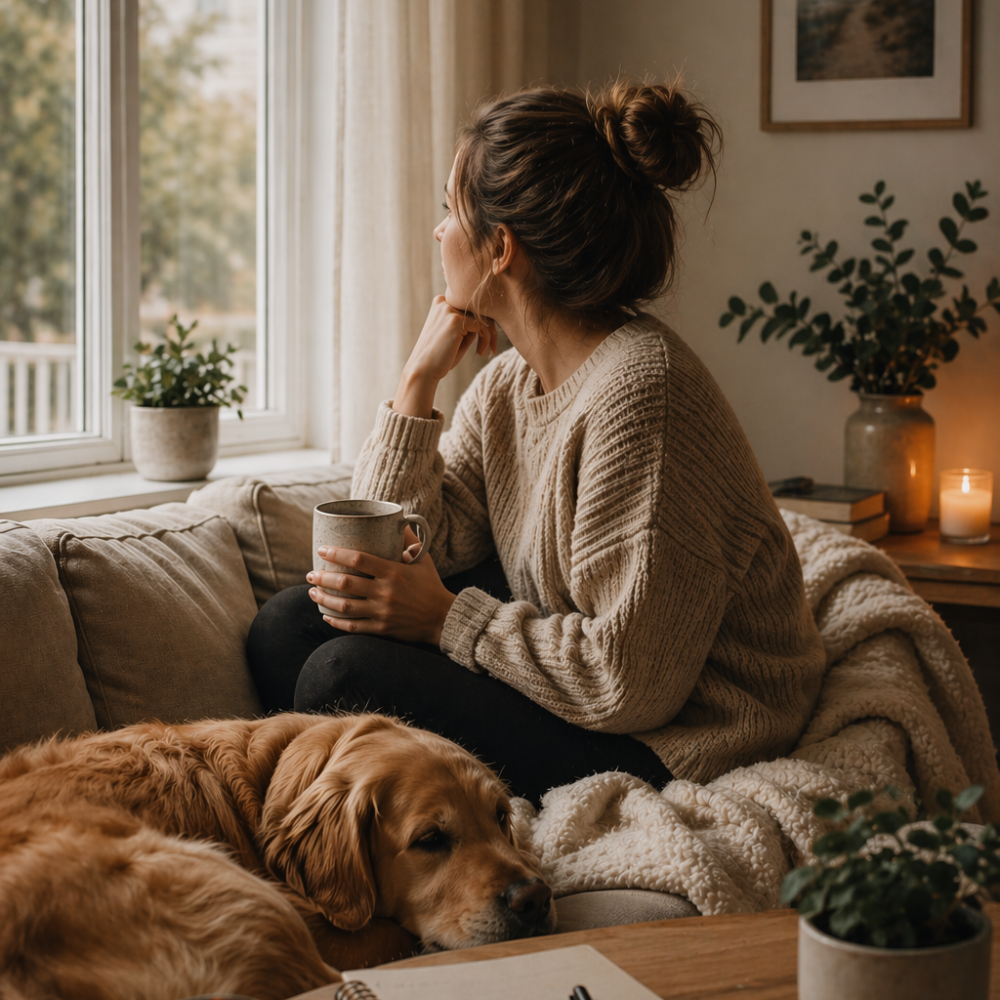 Woman sitting quietly at home with a dog, reflecting on the decision to bring a pet into her life