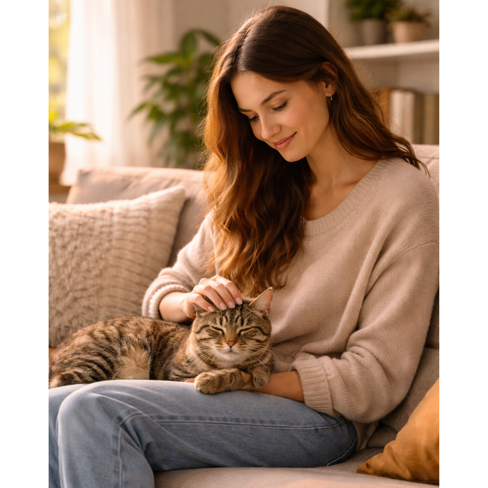 Woman sitting at home gently holding a cat, considering whether a cat is the right pet for her lifestyle