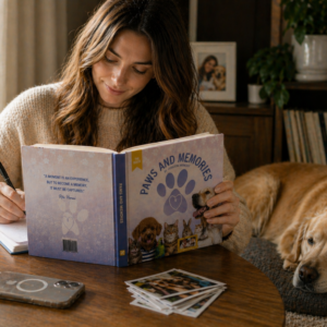 Woman writing in the Paws and Memories pet memory journal at a wooden desk, golden retriever resting nearby