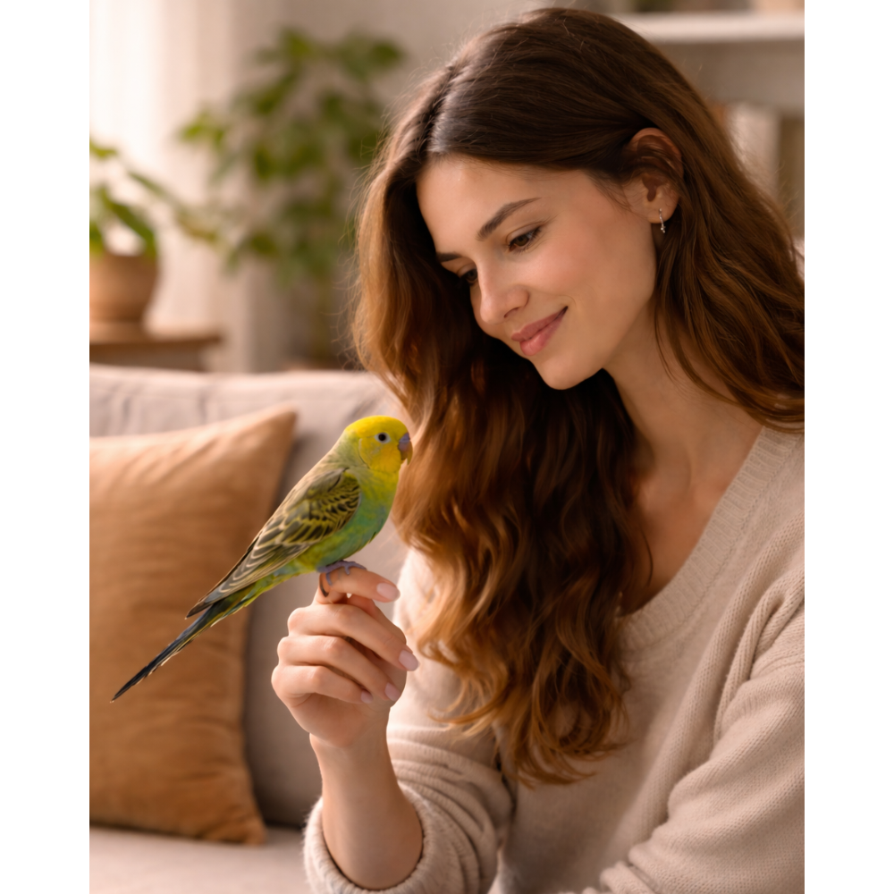 Woman gently interacting with a pet bird at home, considering whether a bird is the right pet