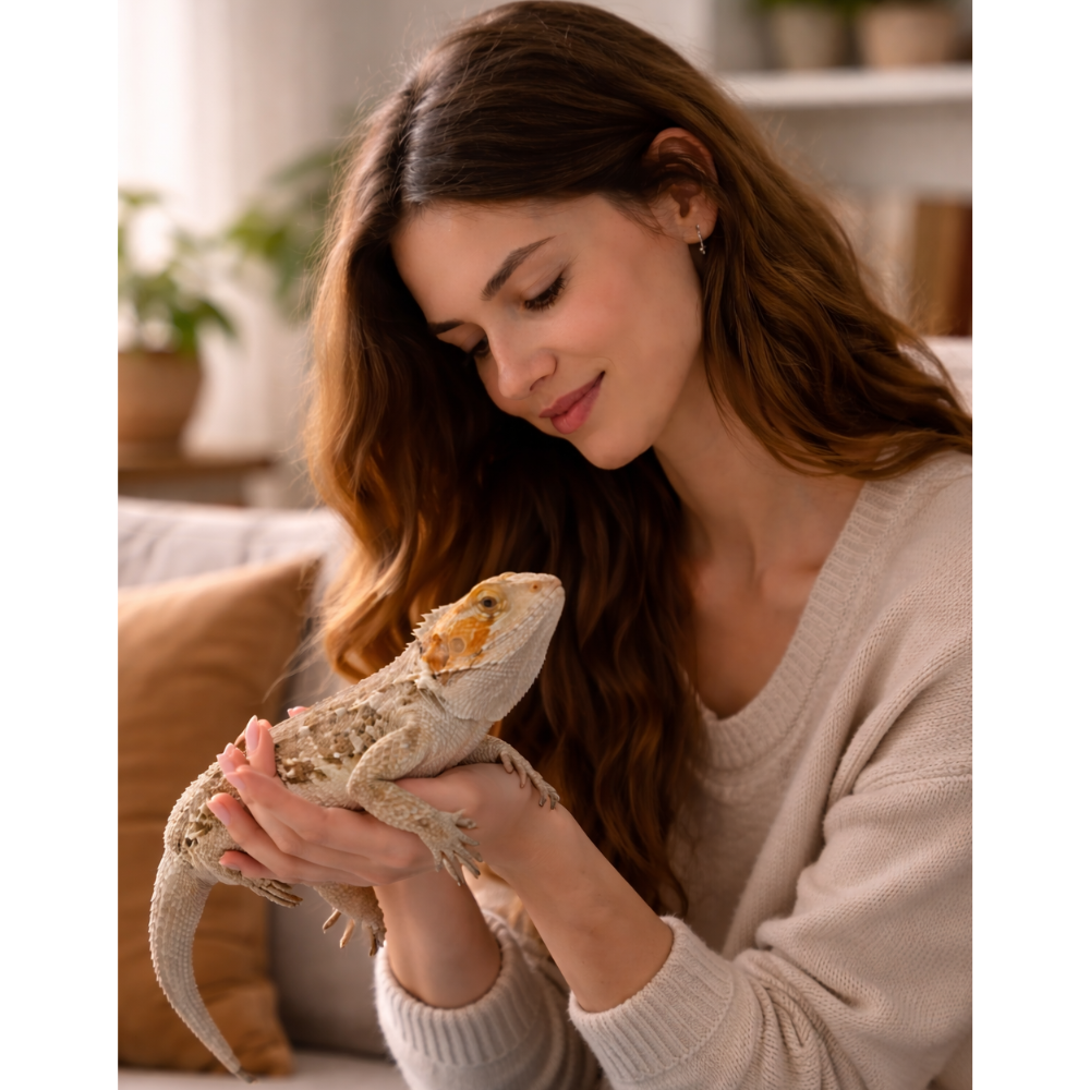 Woman calmly holding a reptile, reflecting on whether a reptile is the right pet for her lifestyle