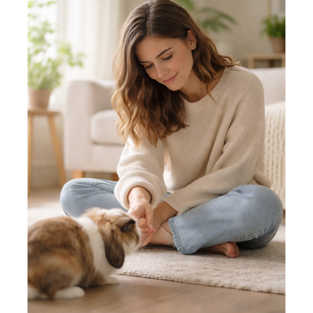 Woman sitting on the floor gently petting a rabbit, considering whether a rabbit is the right pet