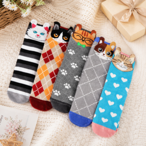 Five pairs of colorful funny cat mom socks with cute cat designs, displayed as a gift for women who love cats