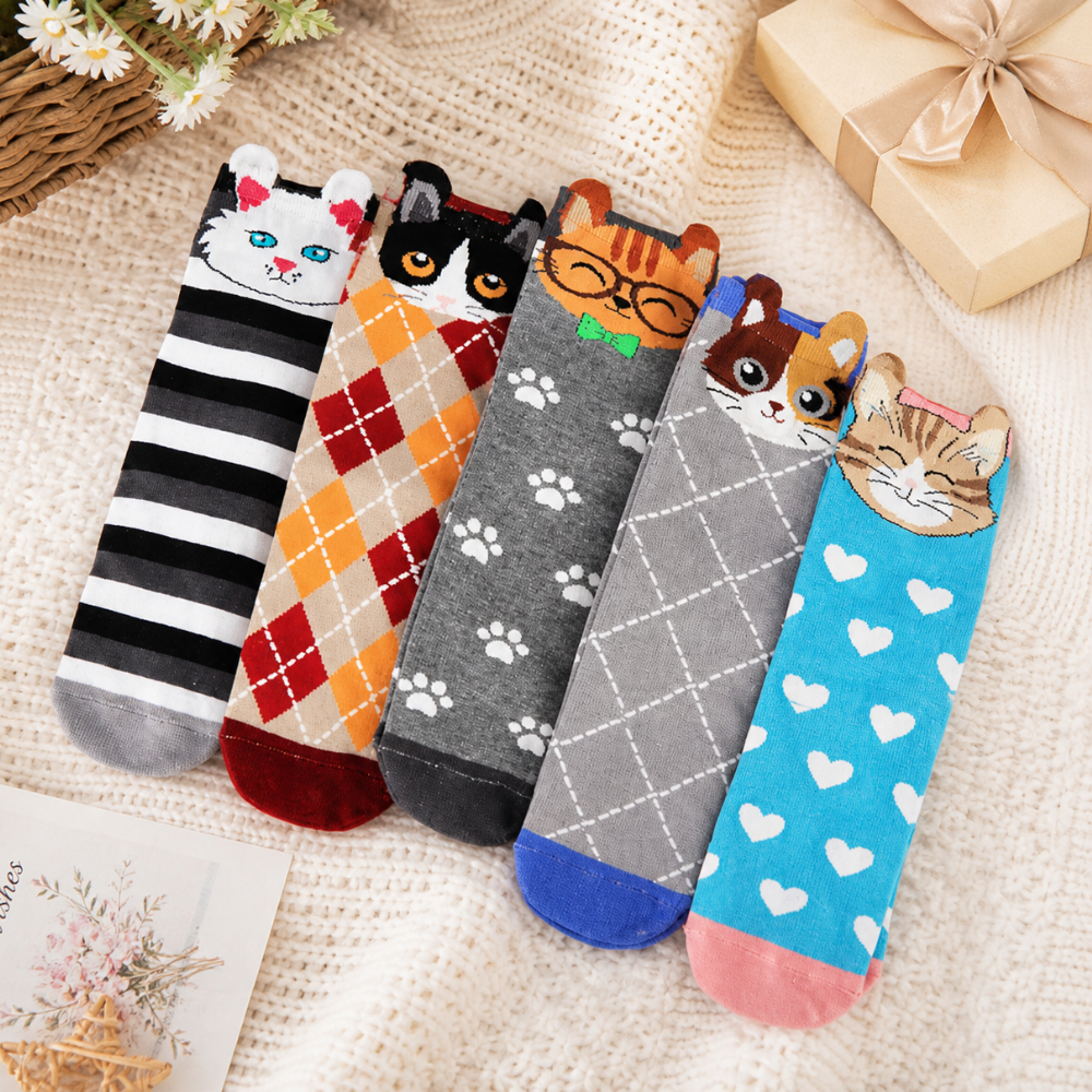 Five pairs of colorful funny cat mom socks with cute cat designs, displayed as a gift for women who love cats