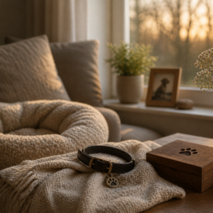 A pet collar and wooden memory box resting on a blanket beside a framed photo, a quiet tribute to a beloved pet lost