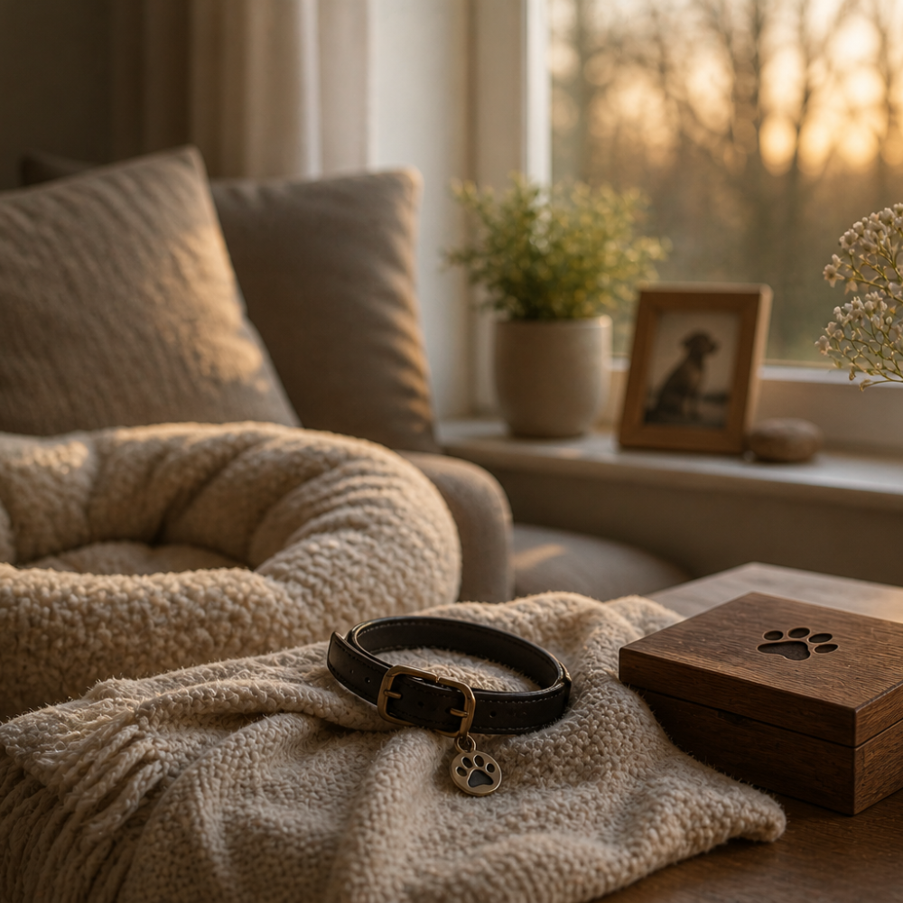 A pet collar and wooden memory box resting on a blanket beside a framed photo, a quiet tribute to a beloved pet lost