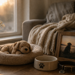 Empty dog bed with a stuffed toy, a food bowl and a framed photo beside it — quiet reminders of a pet after loss