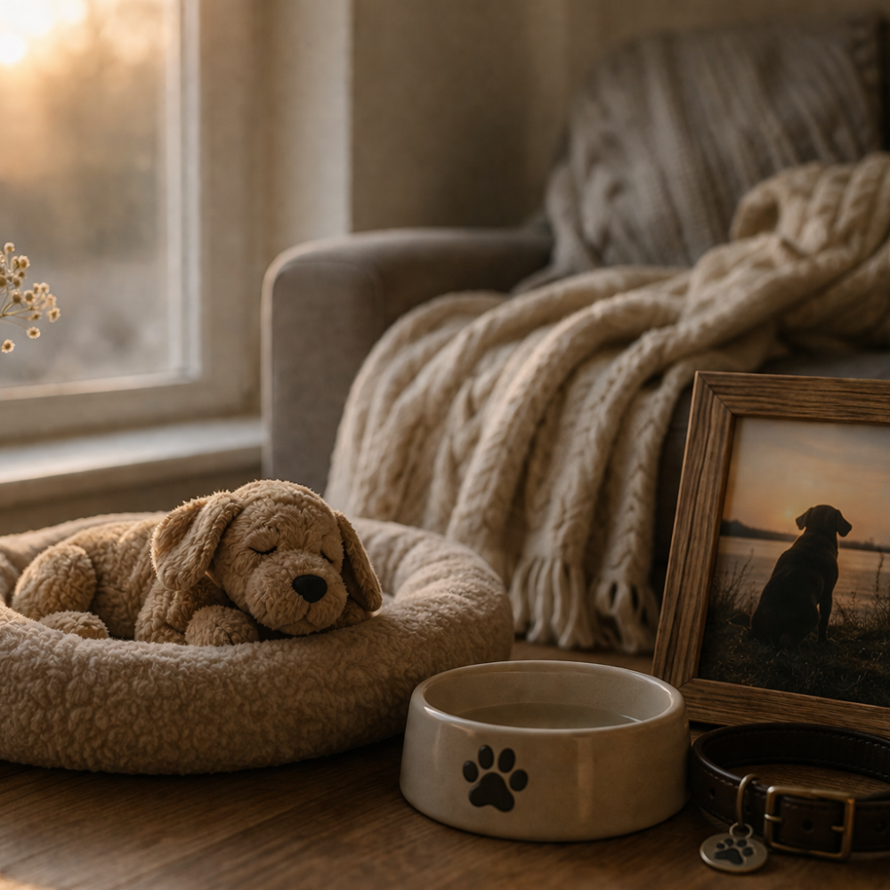 Empty dog bed with a stuffed toy, a food bowl and a framed photo beside it — quiet reminders of a pet after loss