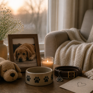 Best Dog Mom soy wax candle on a wooden surface beside a framed golden retriever photo, a heartfelt gift for dog moms