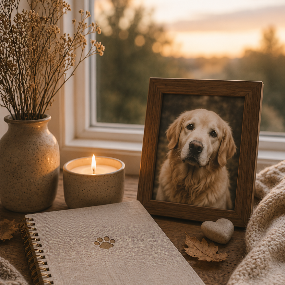 A pet memory journal and framed photo of a golden retriever on a windowsill at sunset, with a candle and dried flowers — a quiet space for pet grief