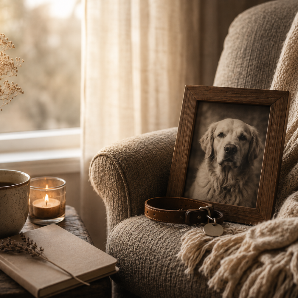 A framed photo of a golden retriever resting on an armchair beside a leather collar, candle, and journal — quiet objects for keeping a pet's memory