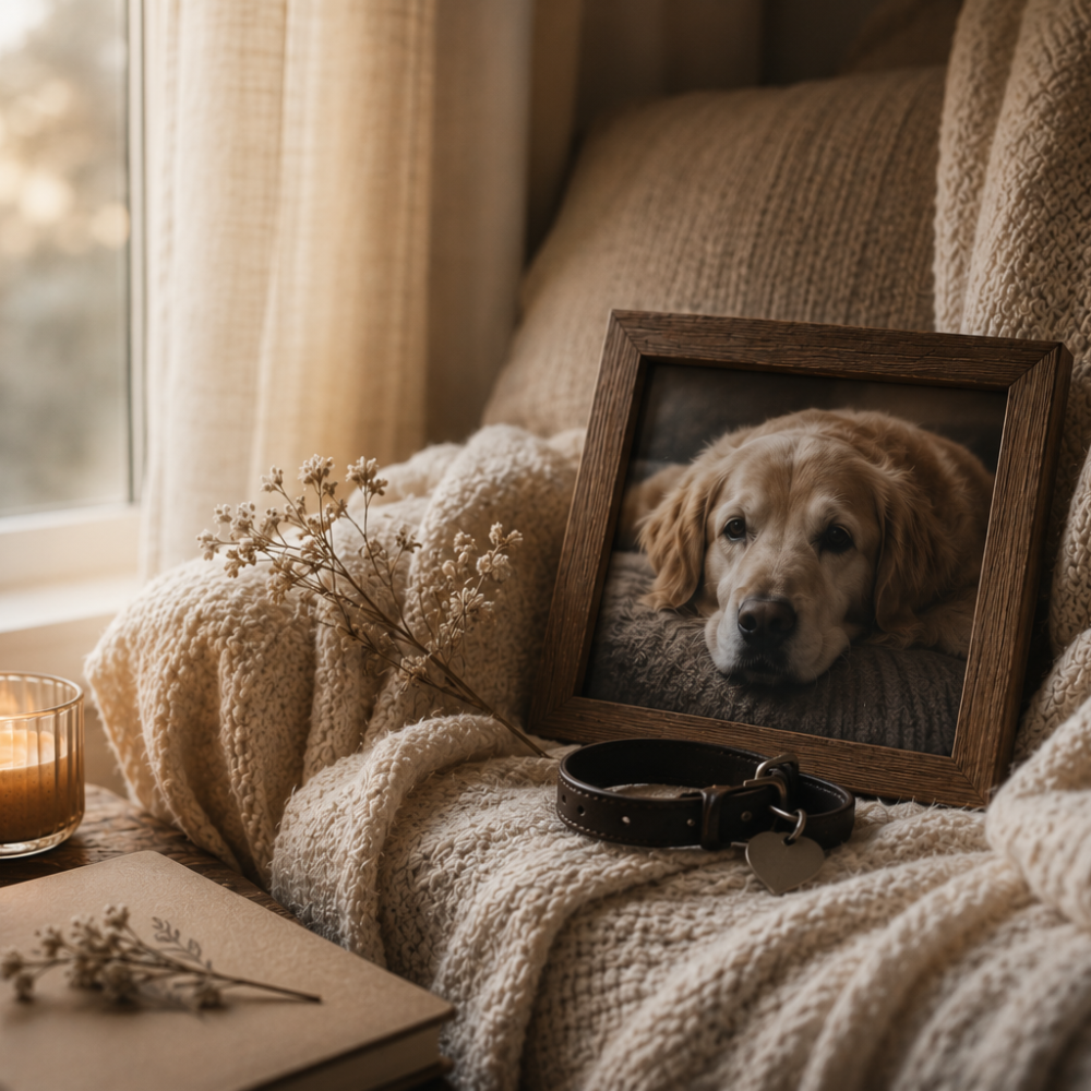 A framed photo of a golden retriever resting on a cozy armchair beside a leather collar with a heart tag and a candle — a quiet tribute after pet loss