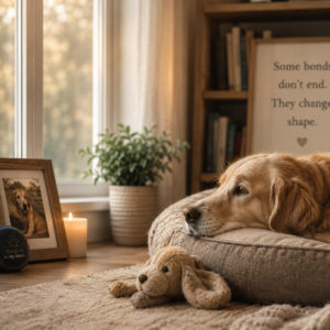 A golden retriever resting on a dog bed beside a framed photo and candle — a quiet scene about love after pet loss and the bond that changes shape