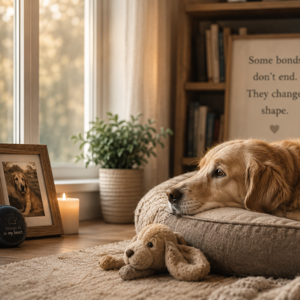 A golden retriever resting on a dog bed beside a framed photo and candle — a quiet scene about love after pet loss and the bond that changes shape