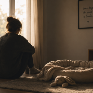Woman sitting alone by a window beside an empty pet bed, grieving the loss of a pet in the quiet of her home