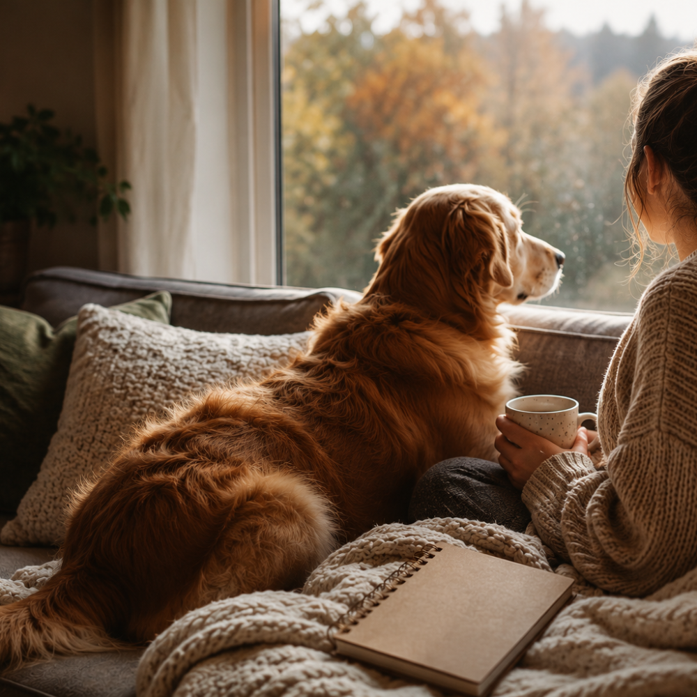 Woman sitting on a sofa with her golden retriever, looking out the window together on a quiet autumn morning