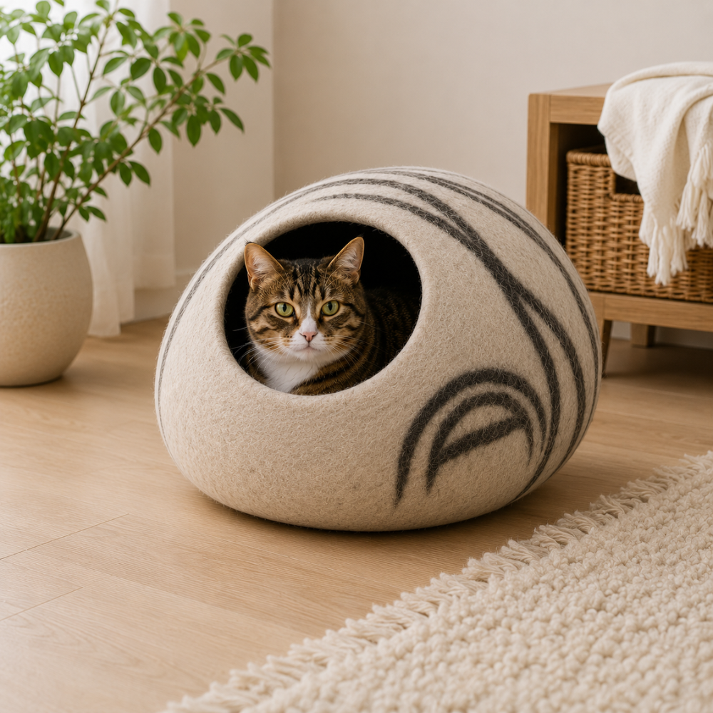 Cat resting inside a handmade merino wool felt cat cave in a cozy home setting