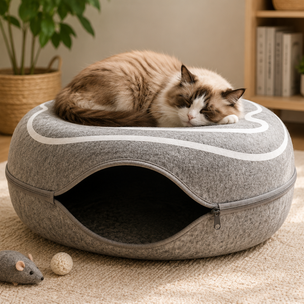 Ragdoll cat sleeping on top of a felt cat tunnel bed in a cozy living room setting