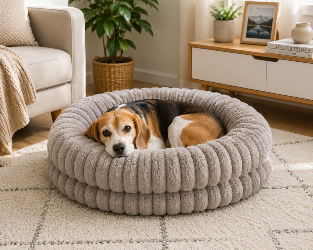 Beagle resting in a luxury donut dog bed in a cozy living room setting