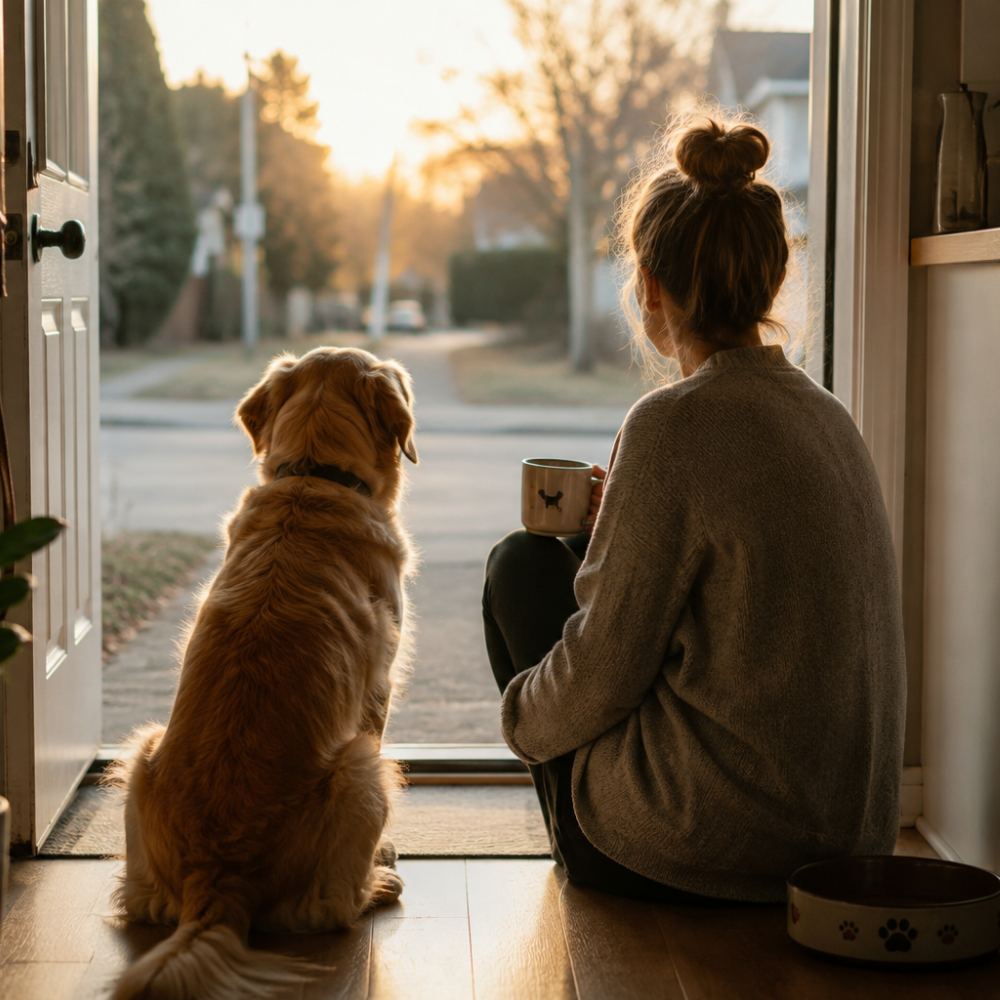Person and dog sharing a peaceful morning routine with a pet in soft morning light