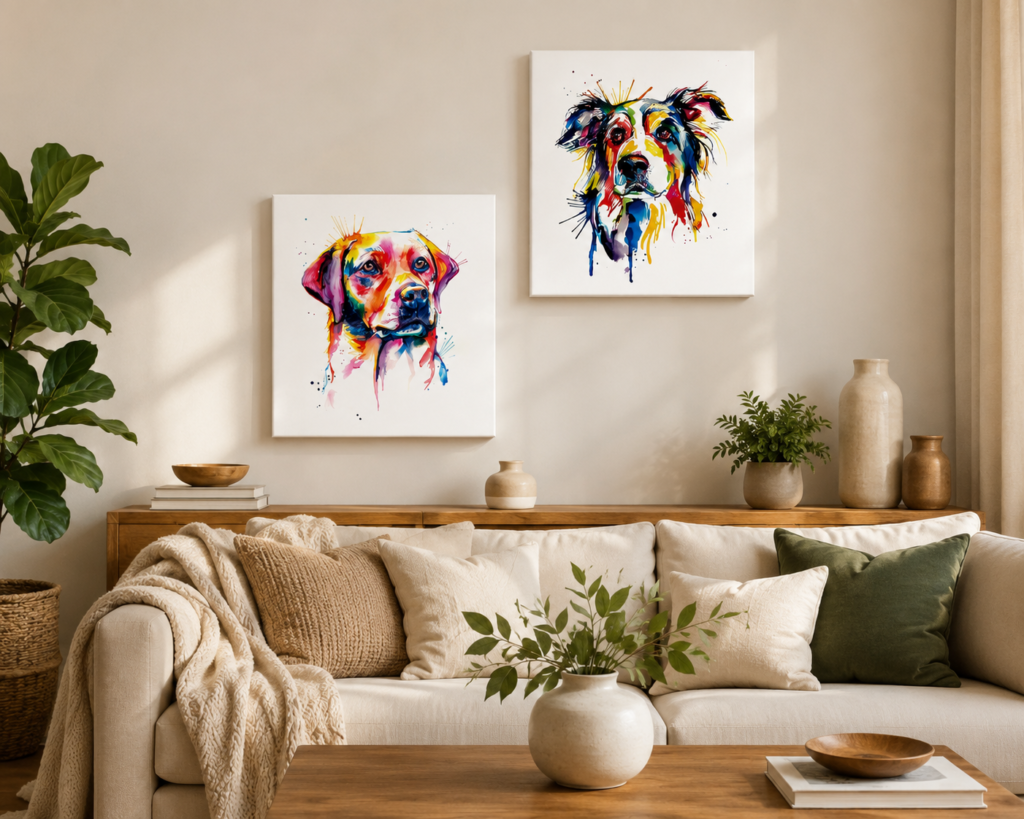 Two colorful watercolor dog portrait canvas prints hanging on a wall in a warm neutral living room