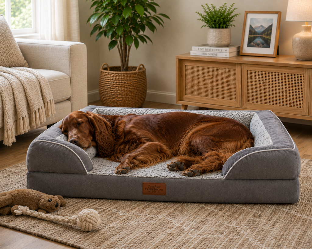Irish Setter sleeping deeply in a large grey orthopedic dog sofa bed in a cozy living room