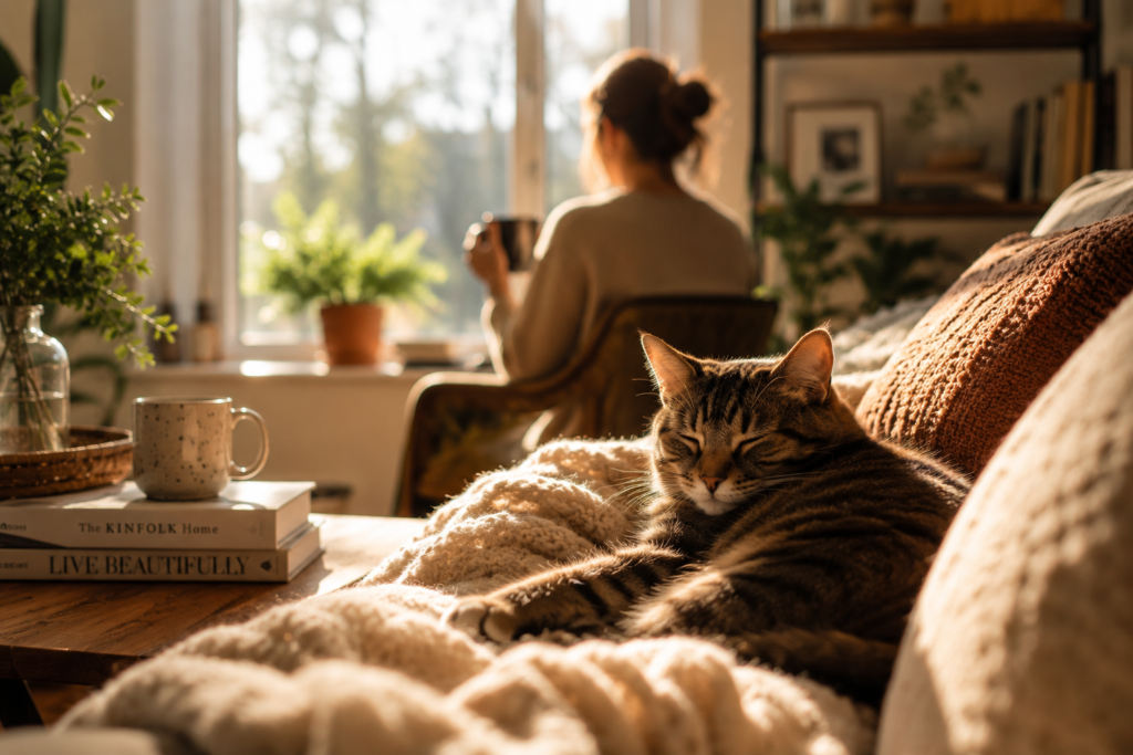 Cat settled in a patch of afternoon light, relaxed and self-contained, the room quiet around them