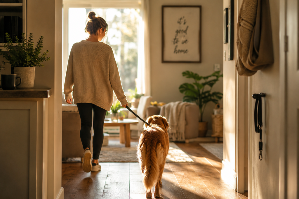 Woman walking into her home with her golden retriever on a leash, warm morning light, how having a pet changes your day