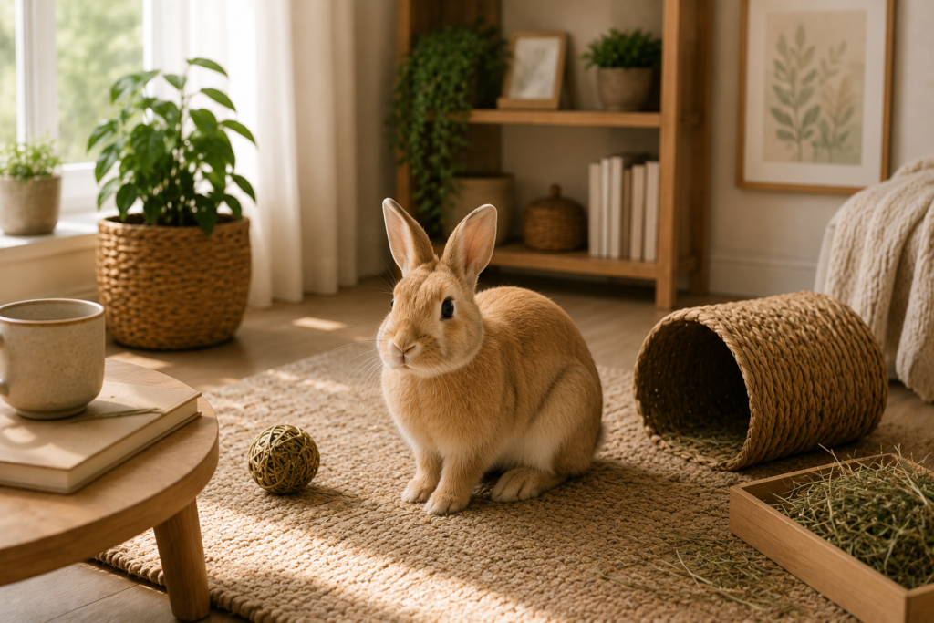 Rabbit sitting on a jute rug in a warm sunlit living room, relaxed and curious in its home environment