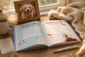 Open journal on a wooden surface beside a candle and a pet photo, soft morning light