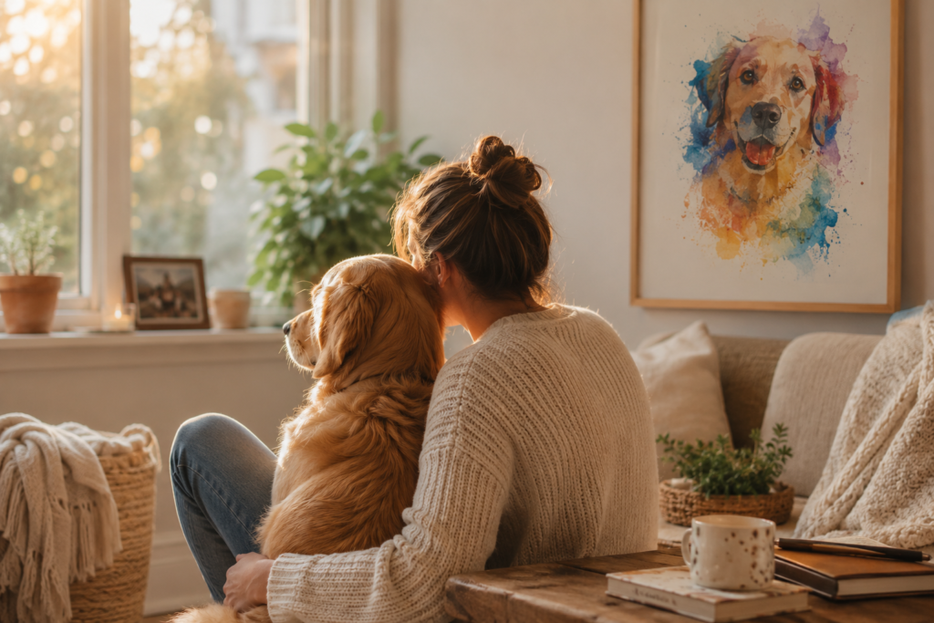 Woman sitting on the floor with her golden retriever in a warm sunlit living room — what pets give you every day, quietly and without announcement