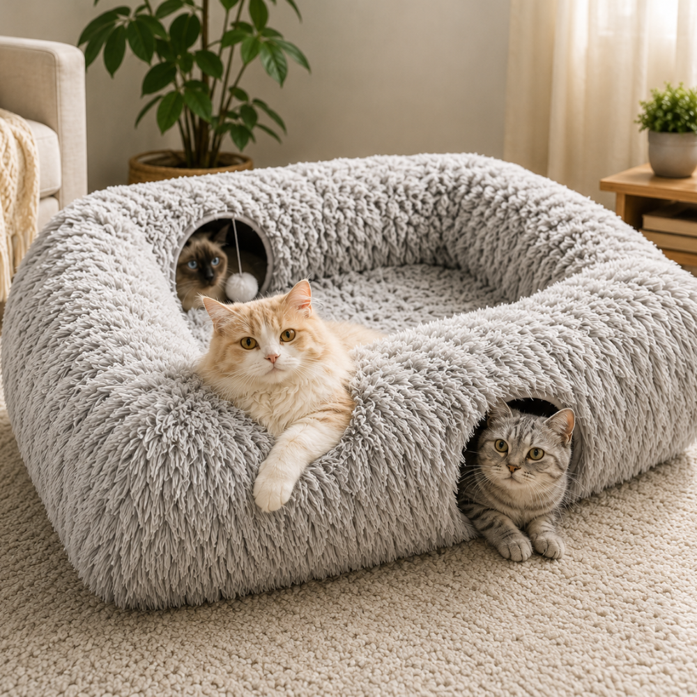 Three cats using a large grey plush cat tunnel bed with multiple cave openings in a cozy living room