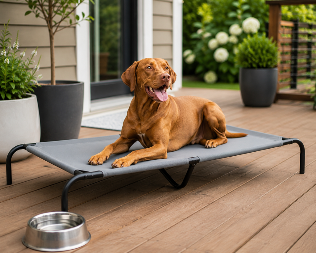 Vizsla dog resting on a grey elevated cooling dog bed on a wooden outdoor deck