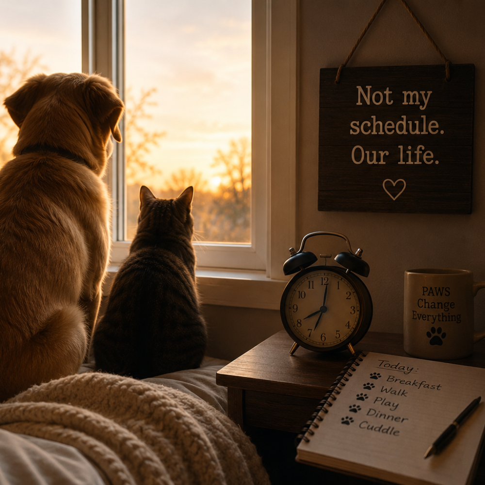 A dog and cat looking out a window at sunset beside a sign reading "Not my schedule, our life," illustrating a pet's daily schedule