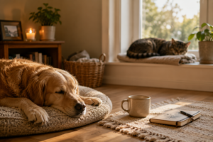 A dog sleeping on a cushion and a cat resting on a sunny windowsill, with a journal and coffee mug nearby, capturing your pet's everyday sounds