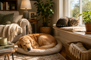 A dog sleeping in a round bed and a cat curled up on a sunny windowsill, each in their own favorite spot in the house