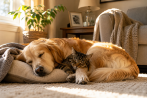 A golden retriever and a tabby cat sleeping together in the sunlit corner of a living room, sharing a home with an animal