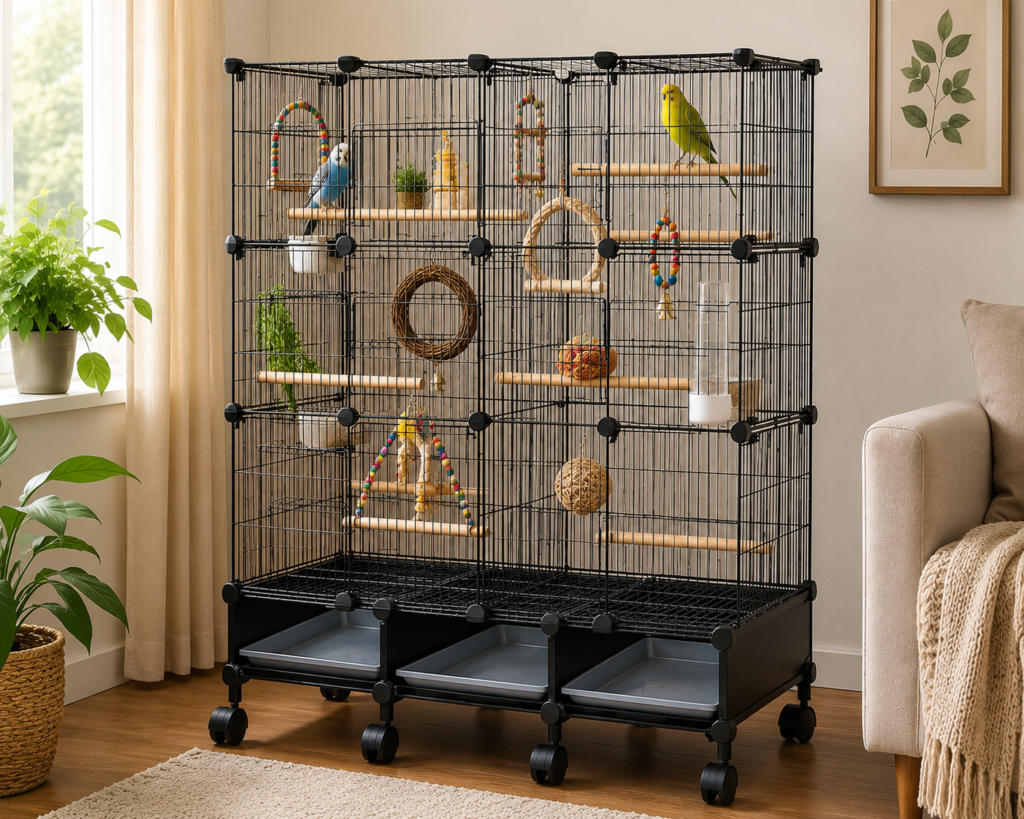 VISCOO encrypted bird cage with wooden perches and slide-out tray, suitable for parakeets and cockatiels indoors