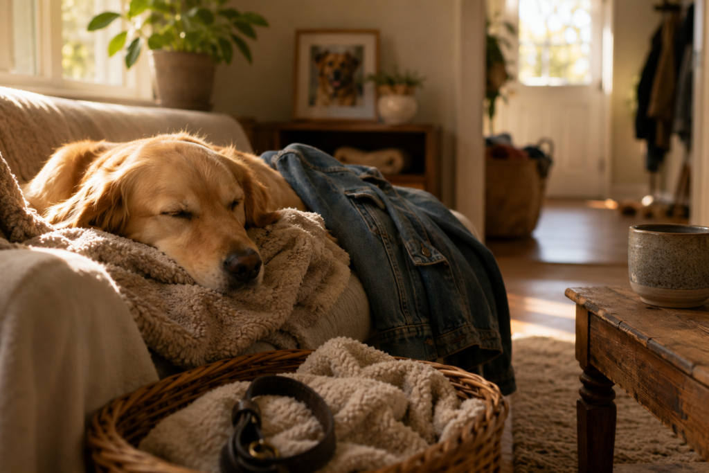 A golden retriever sleeping curled on a couch, muzzle resting on a soft blanket, a denim jacket draped nearby, warm sunlit living room with a framed dog photo, a mug on the coffee table, and a basket with a leash and blanket in the foreground.
