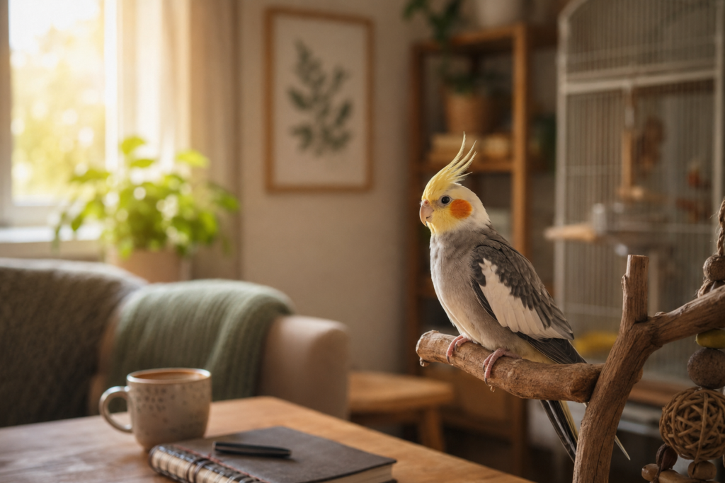 Cockatiel perched on a wooden stand in a warm sunlit living room, attentive and at ease — how having a bird changes your day