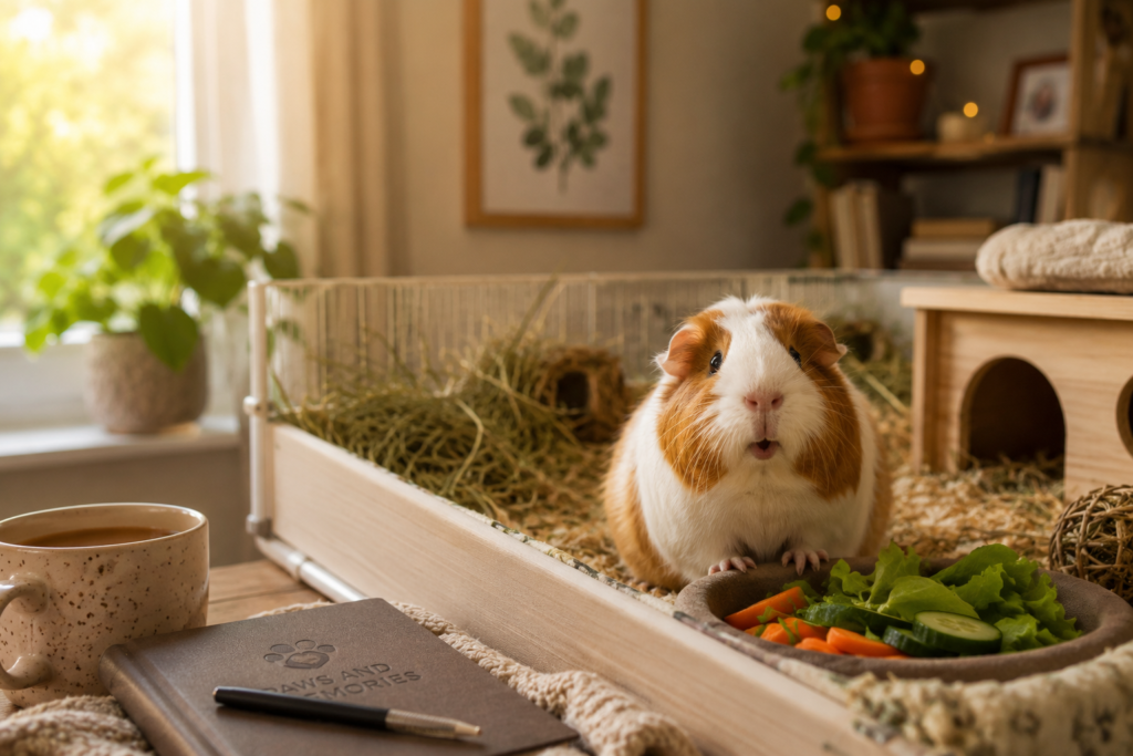 Guinea pig looking up alertly from its enclosure beside fresh vegetables, warm morning light, Paws and Memories journal in the foreground