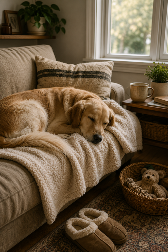 objects that quietly become theirs — dog sleeping on a claimed blanket