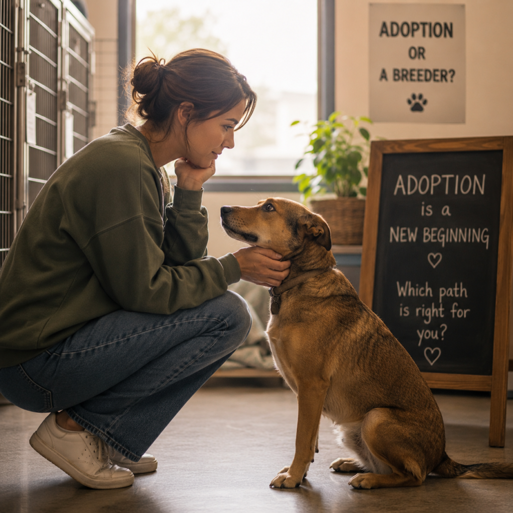 adoption or a breeder — person kneeling beside a shelter dog considering bringing them home