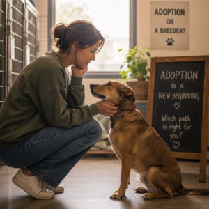 adoption or a breeder — person kneeling beside a shelter dog considering bringing them home