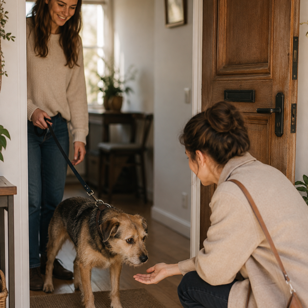 introduce your pet to someone new — dog cautiously approaching a guest kneeling at the front door